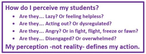 How do I perceive my students? Are they lazy or feeling helpless? Are they acting out? Or dysregulated? Are they angry? Or In fight, flight, freeze, or fawn mode? Are they disengaged or overwhelmed? My perception - not reality - defines my action.